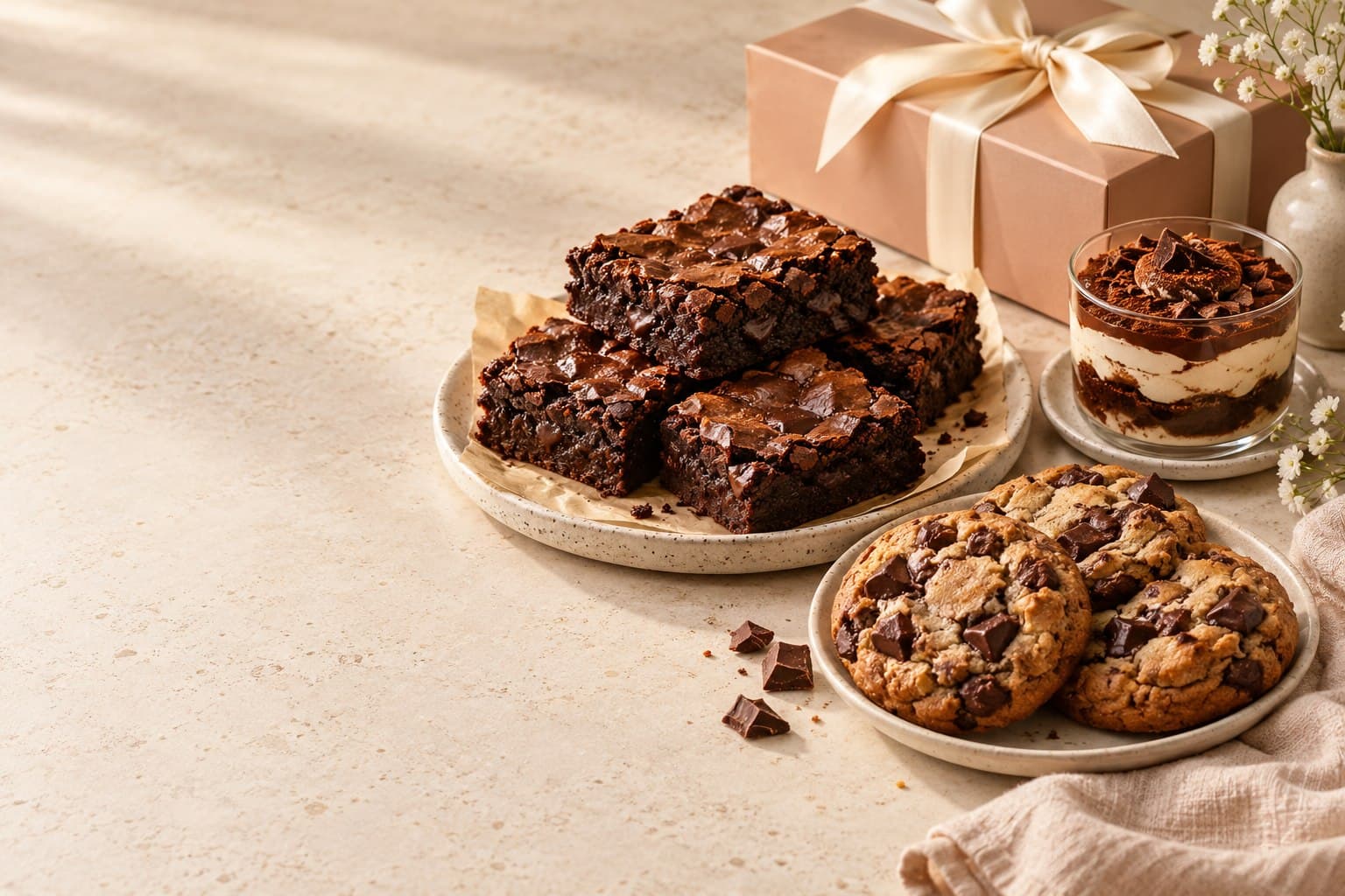 Freshly baked chocolate brownies, cookies and a layered dessert cup with a gift box